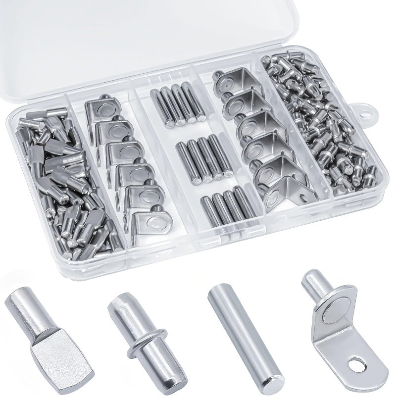 JIMROLA 120Pcs Shelf Pins Kit 4 Styles Nickel Plated Shelf Support Pegs Plated Shelf Pins Holders for Bookcase Kitchen Closet Shelf Shelves Furniture Cabinet 5mm (1/4 inch) cabinet shelf pegs - Image 1